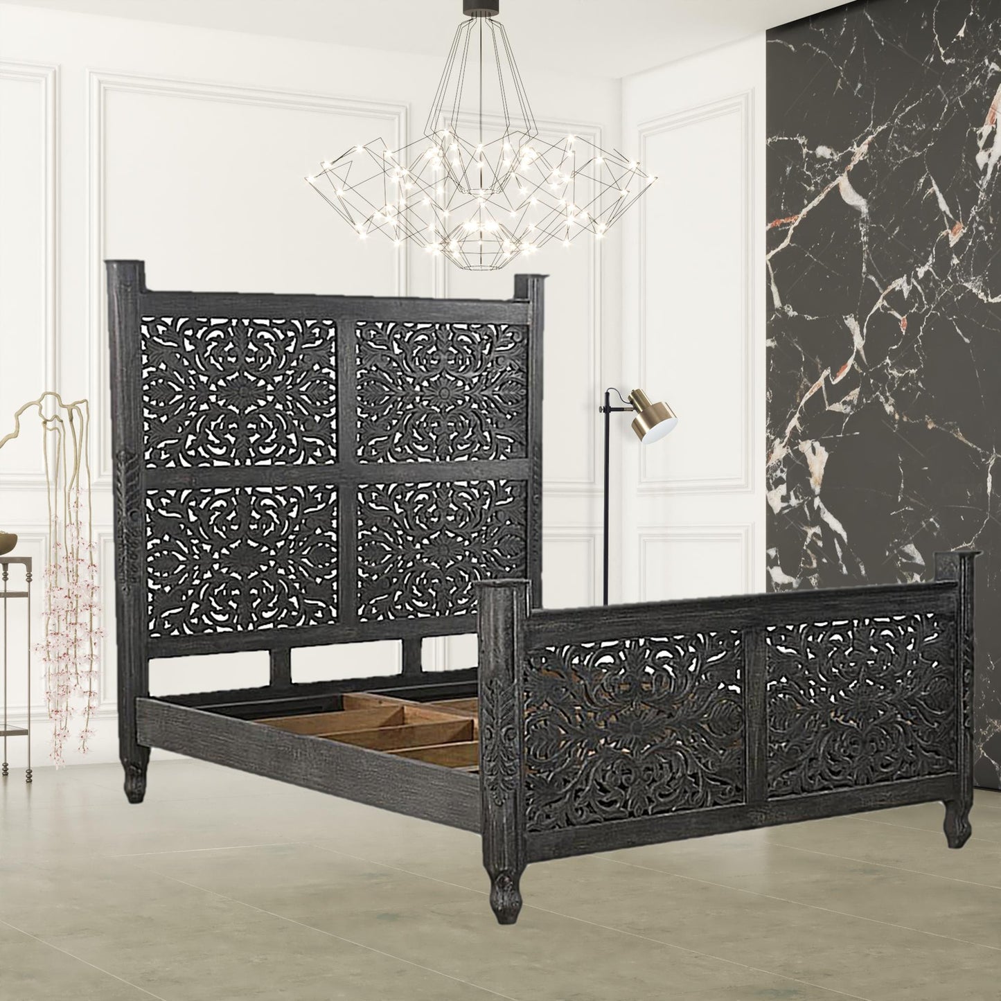 Black Distressed Solid Wood Queen Bed Frame