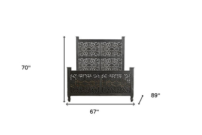 Black Carved Floral Distressed Solid Wood Queen Bed Frame