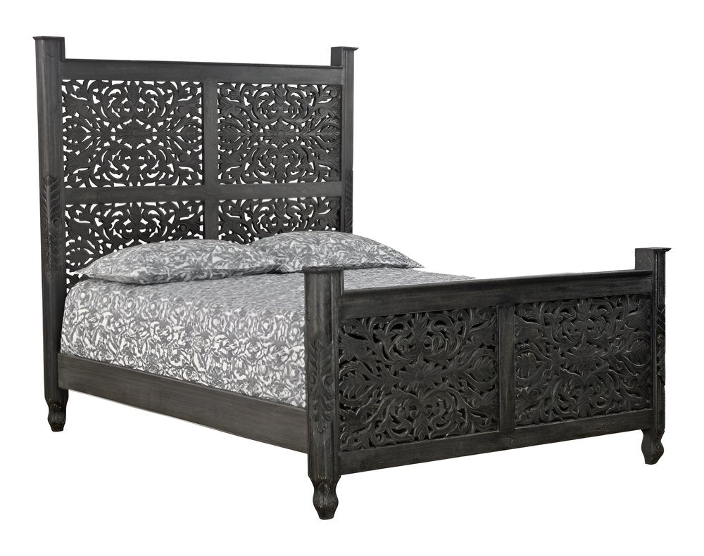 Black Carved Floral Distressed Solid Wood Queen Bed Frame
