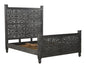 Black Carved Floral Distressed Solid Wood Queen Bed Frame
