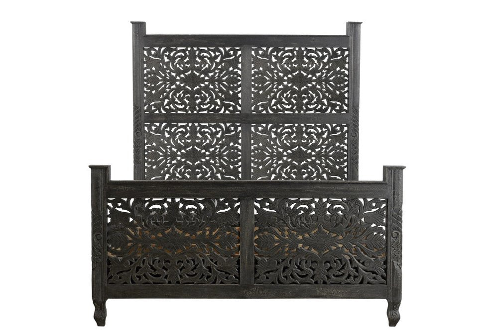 Black Carved Floral Distressed Solid Wood Queen Bed Frame
