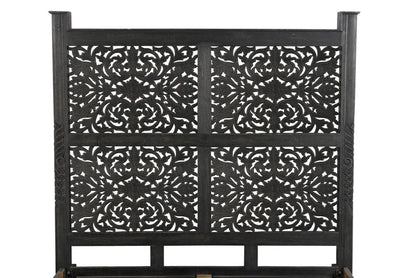 Black Carved Floral Distressed Solid Wood Queen Bed Frame