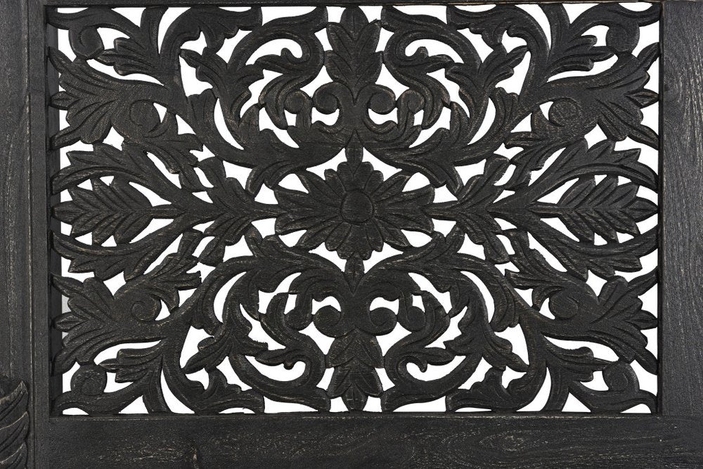 Black Carved Floral Distressed Solid Wood Queen Bed Frame