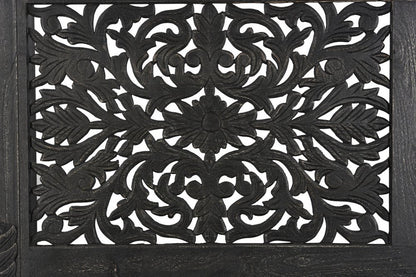 Black Carved Floral Distressed Solid Wood Queen Bed Frame