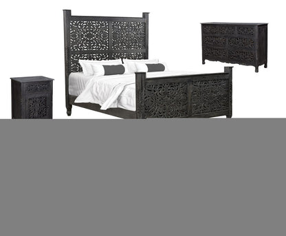 Black Carved Floral Distressed Solid Wood Queen Bed Frame