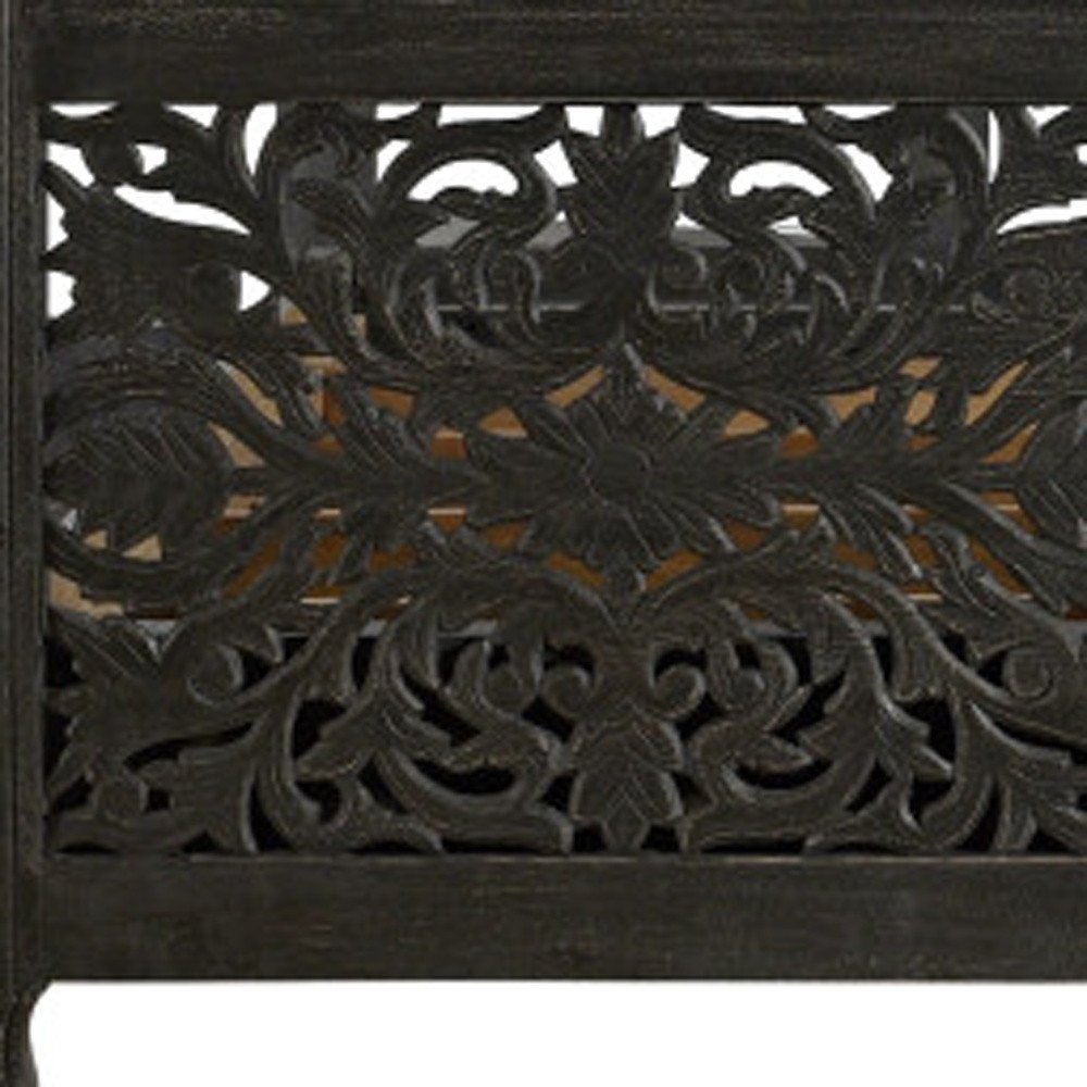 Black Carved Floral Distressed Solid Wood Queen Bed Frame