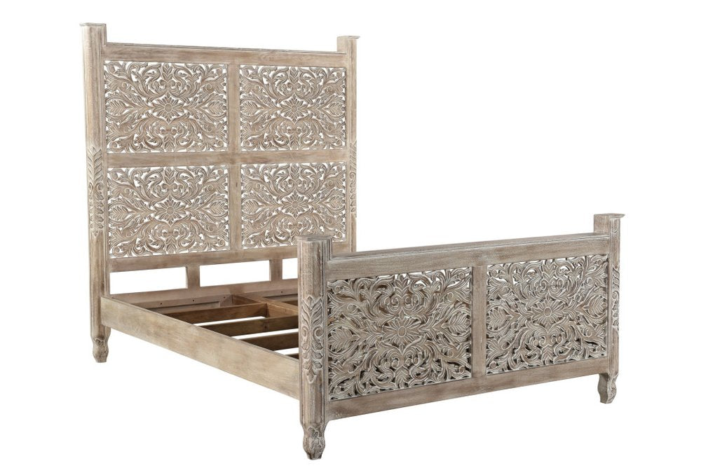 Gray Carved Floral Distressed Solid Wood Queen Bed Frame