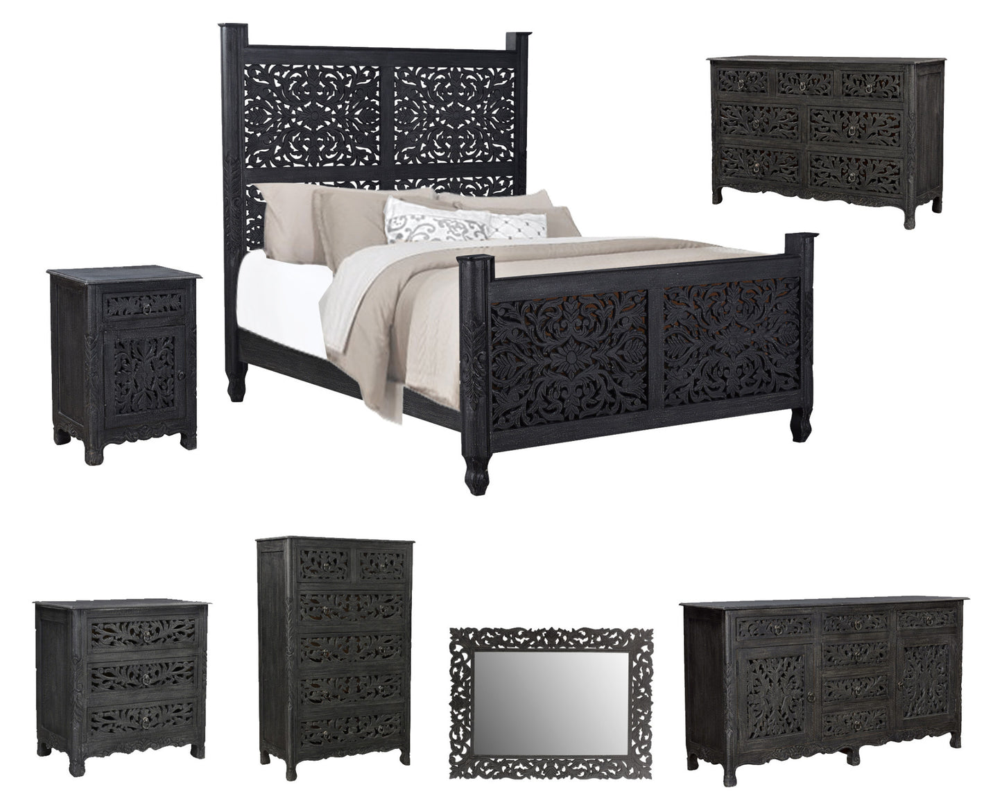 Black Distressed Solid Wood Queen Bed Frame