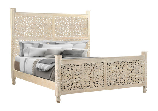 White Distressed Solid Wood King Bed Frame