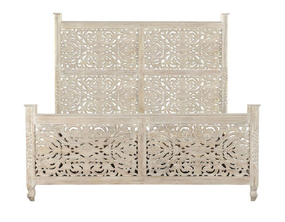 White Carved Floral Distressed Solid Wood King Bed Frame