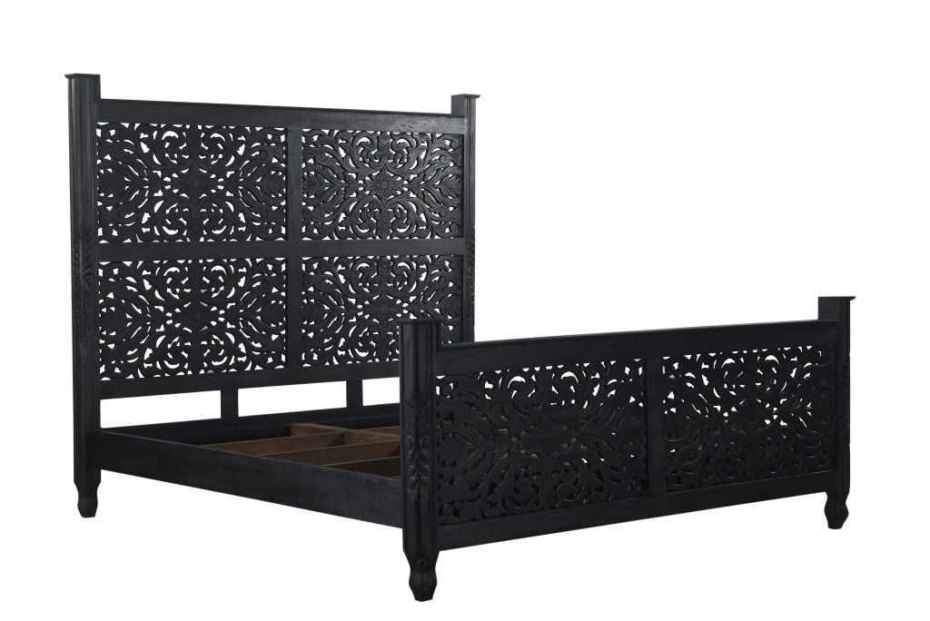 Carved Solid Wood King Black Bed