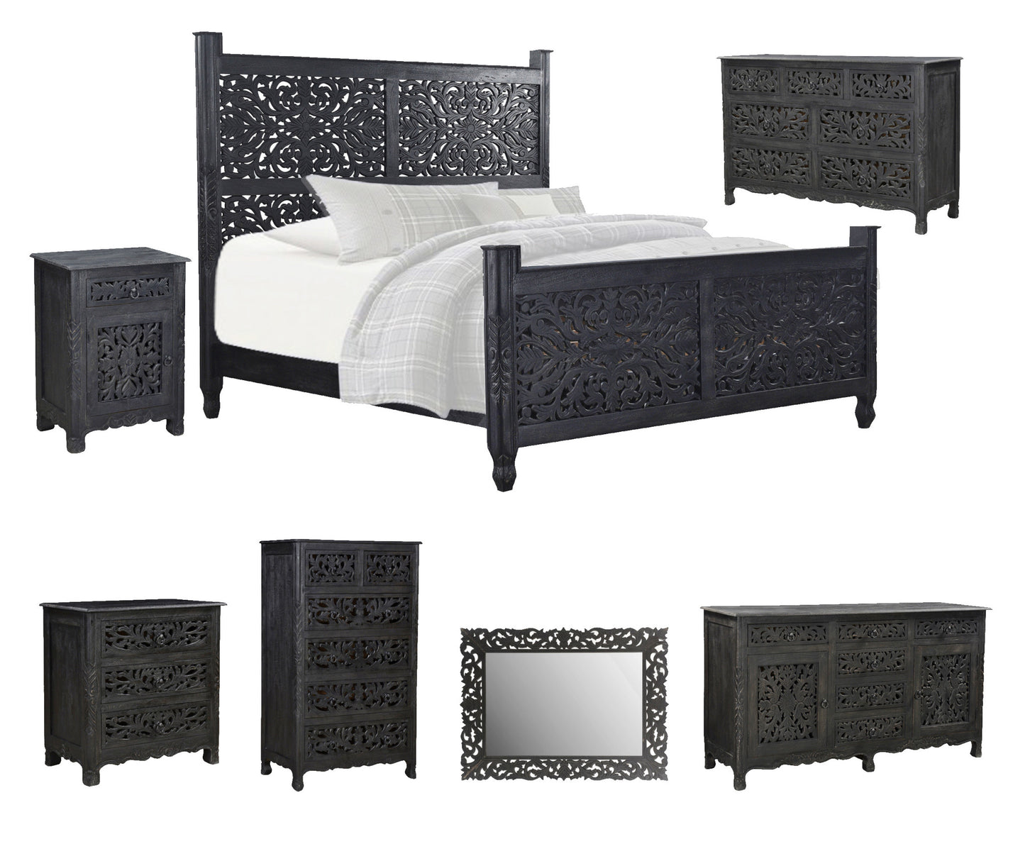 Carved Solid Wood King Black Bed