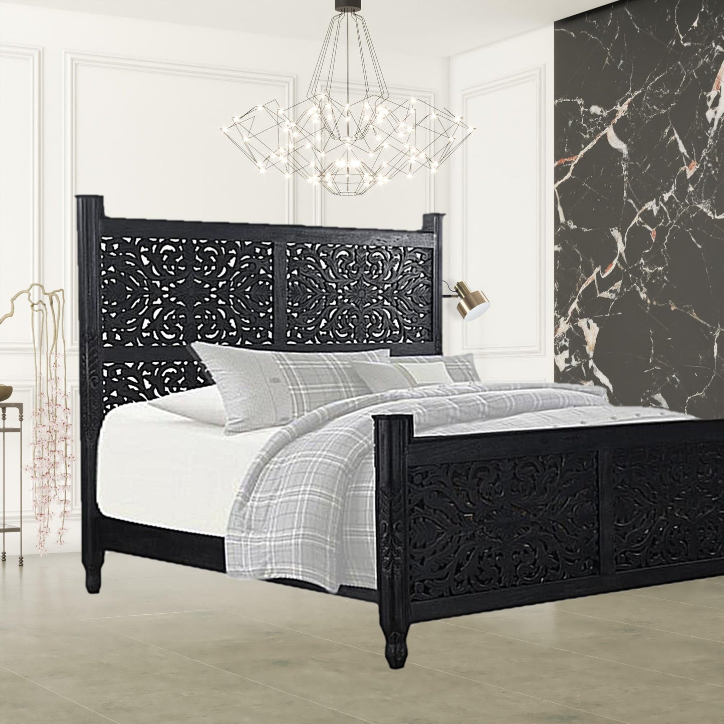 Carved Solid Wood King Black Bed