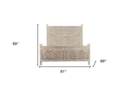 Gray Carved Floral Solid Wood King Bed Frame