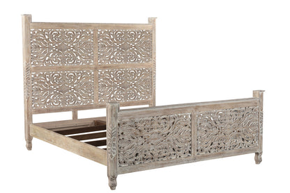 Carved Solid Wood King Gray Bed