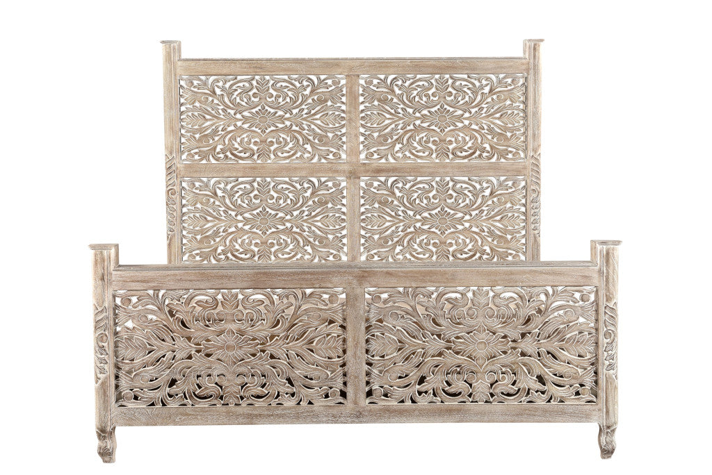 Carved Solid Wood King Gray Bed