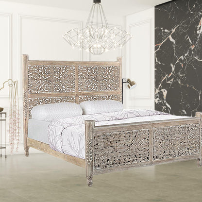 Carved Solid Wood King Gray Bed