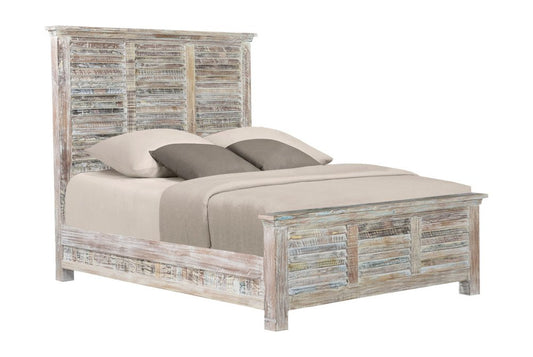 White Carved Geometric Distressed Reclaimed Wood Queen Bed Frame