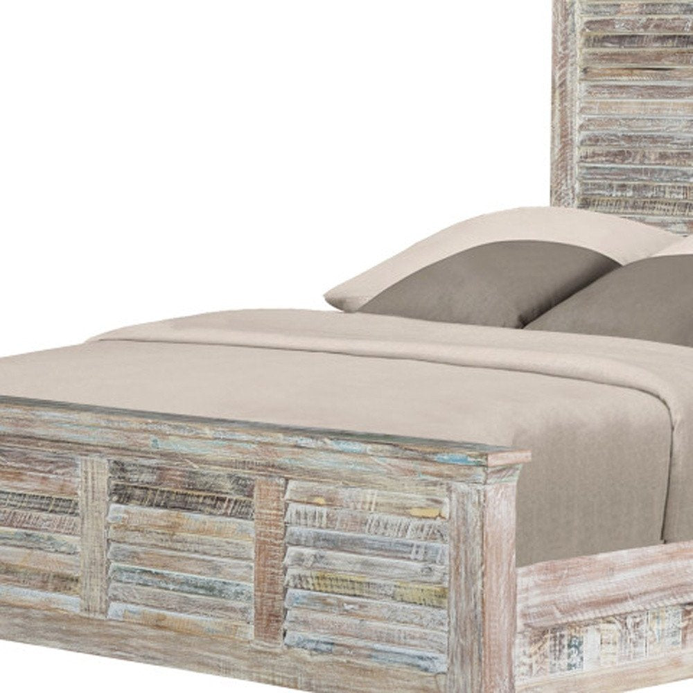 White Carved Geometric Distressed Reclaimed Wood Queen Bed Frame