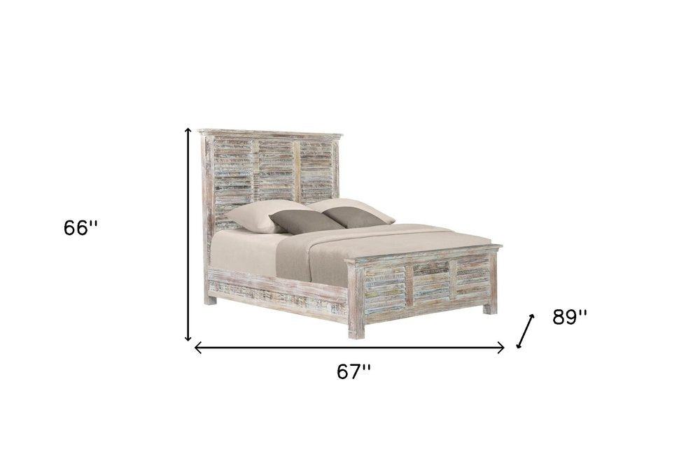 White Carved Geometric Distressed Reclaimed Wood Queen Bed Frame