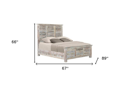 White Carved Geometric Distressed Reclaimed Wood Queen Bed Frame