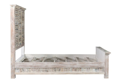 White Carved Geometric Distressed Reclaimed Wood Queen Bed Frame