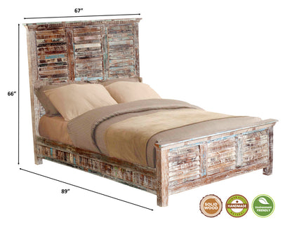 Distressed White and Multi Shutter Style Reclaimed Wood Queen Bed