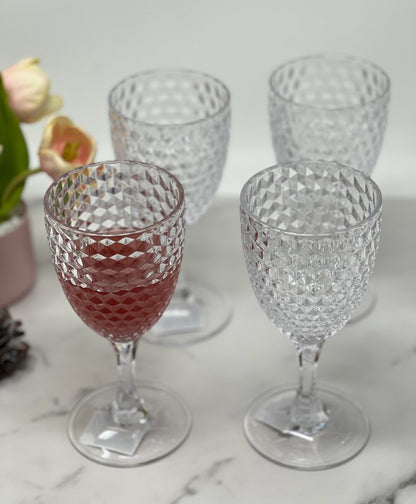 Set of Four Clear Diamond Acrylic Stemmed All Purpose Wine Glass