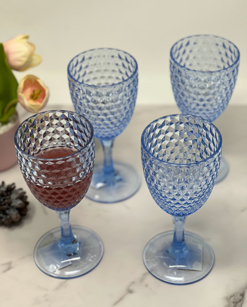 Set of Four Blue Diamond Acrylic Stemmed All Purpose Wine Glass