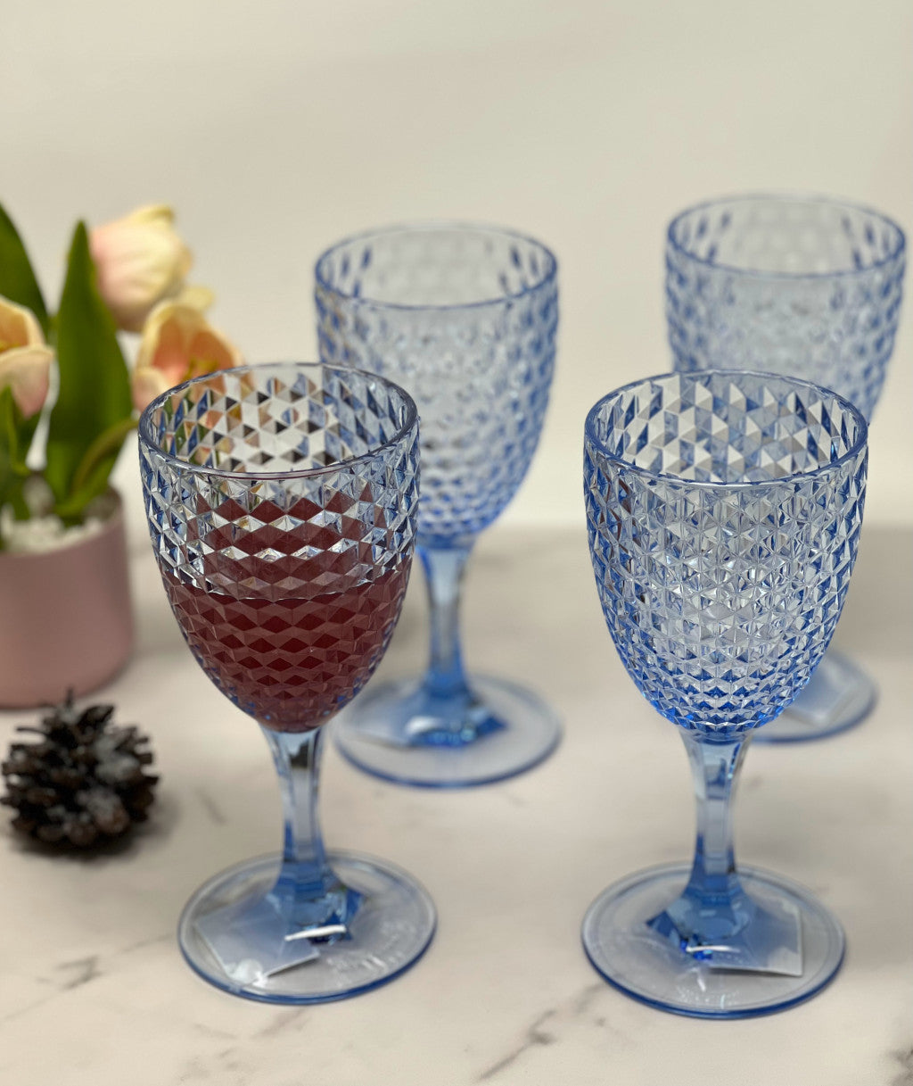 Set of Four Blue Diamond Acrylic Stemmed All Purpose Wine Glass