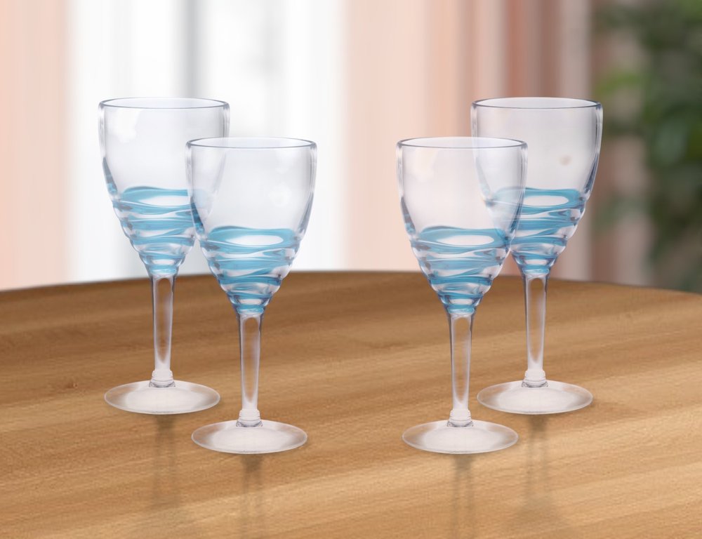 Set of Four Clear and Blue Swirl Acrylic Stemmed All Purpose Wine Glass
