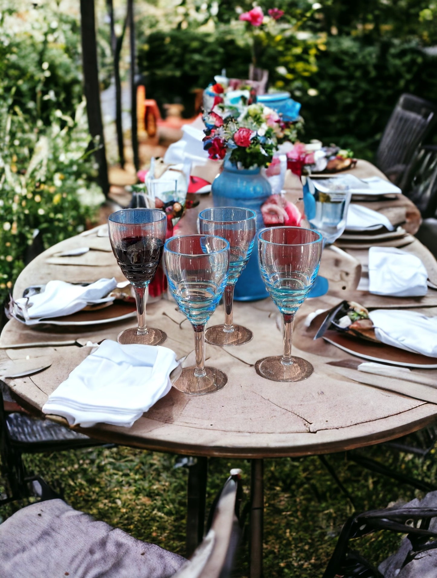 Set of Four Clear and Blue Swirl Acrylic Stemmed All Purpose Wine Glass