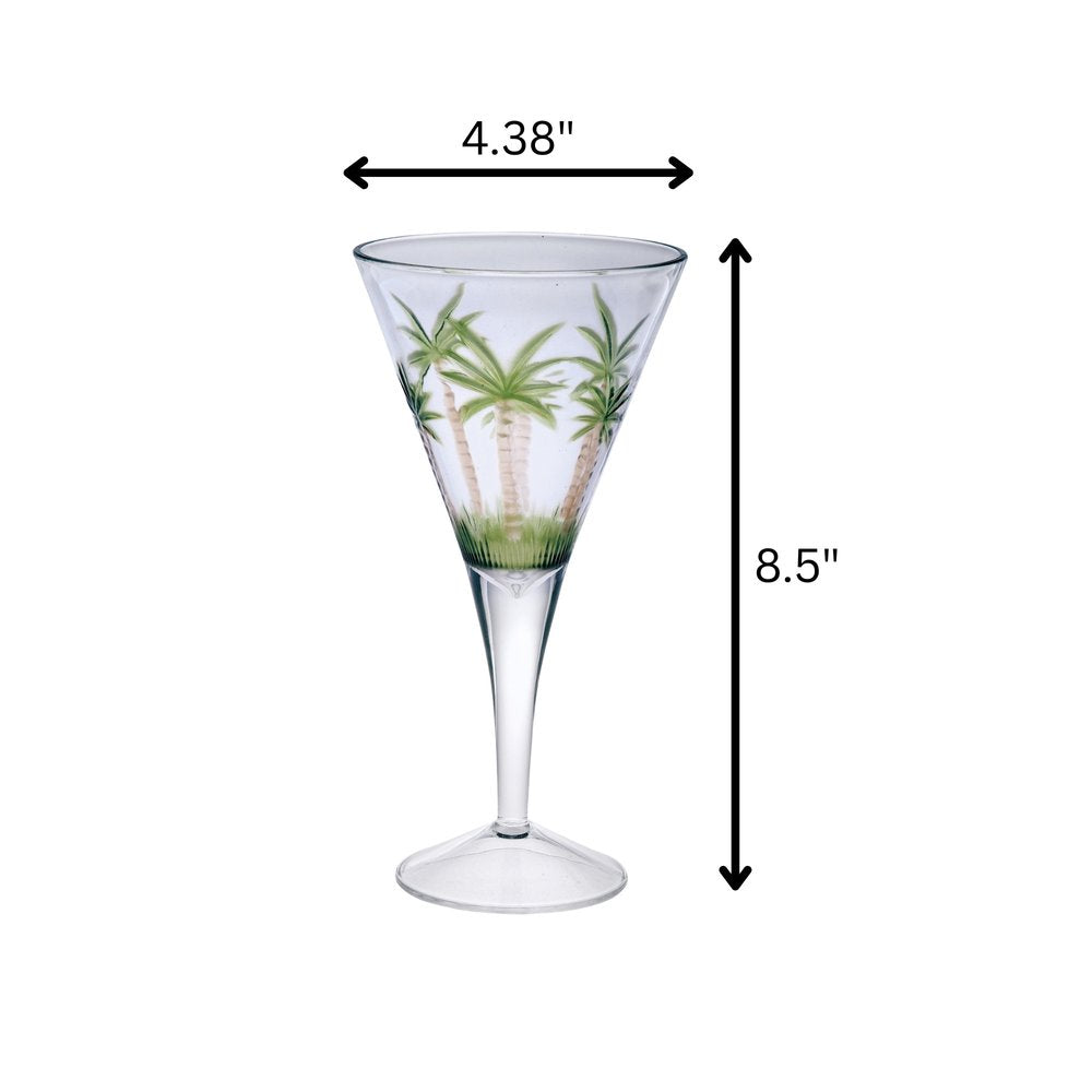 Set of Four Clear and Green Palm Tree Acrylic Stemmed All Purpose Wine Glasses