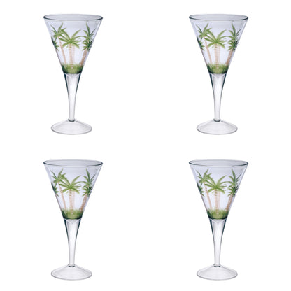 Set of Four Clear and Green Palm Tree Acrylic Stemmed All Purpose Wine Glasses