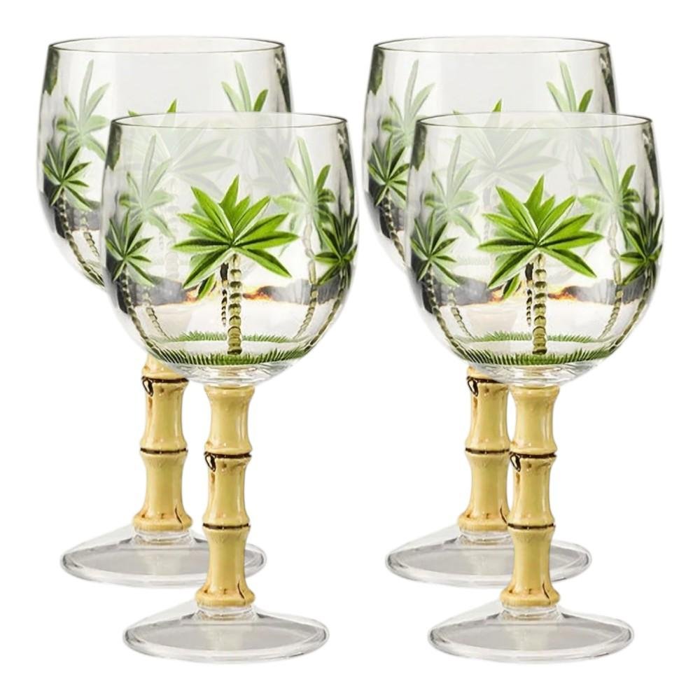 Set of Four Clear and Green Palm Tree Acrylic Stemmed All Purpose Wine Glasses