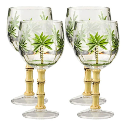 Set of Four Clear and Green Palm Tree Acrylic Stemmed All Purpose Wine Glasses