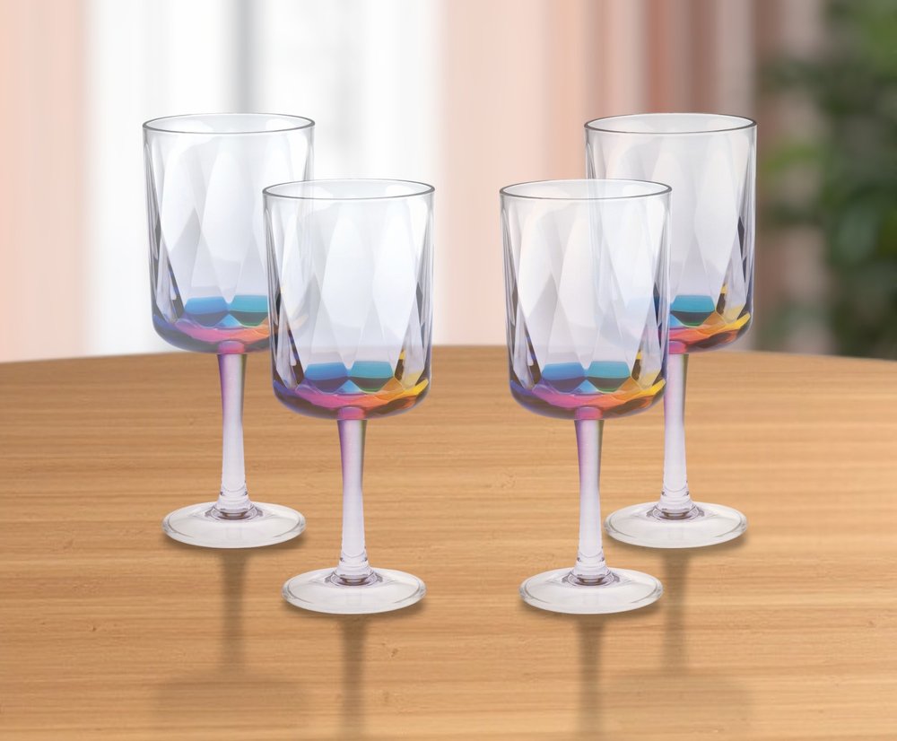 Set of Four Clear and Rainbow Geometric Acrylic Stemmed All Purpose Wine Glasses
