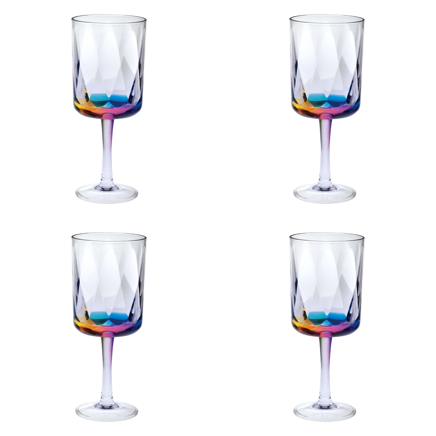 Set of Four Clear and Rainbow Geometric Acrylic Stemmed All Purpose Wine Glasses