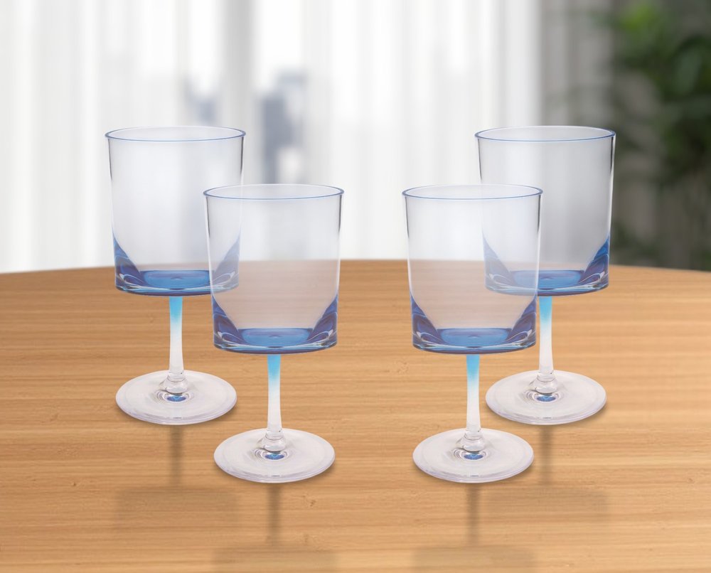 Set of Four Clear and Blue Acrylic Stemmed All Purpose Wine Glass
