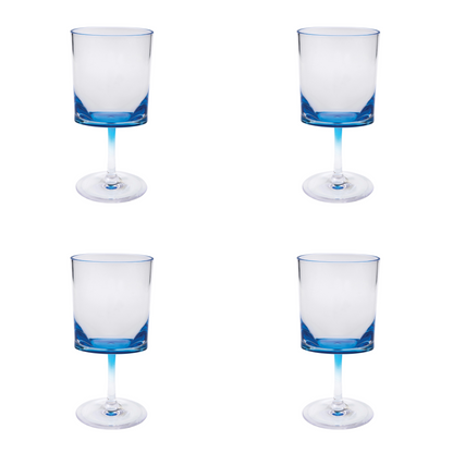 Set of Four Clear and Blue Acrylic Stemmed All Purpose Wine Glass