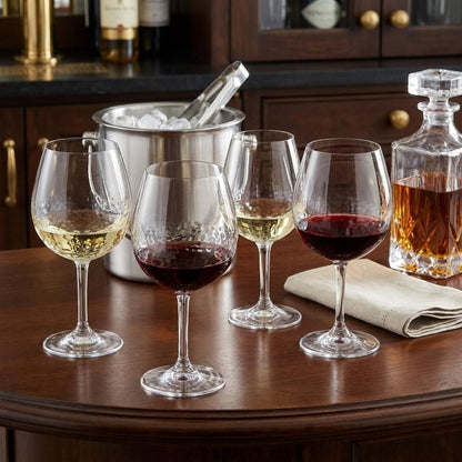 Set of Four Clear Dimpled Tritan Plastic Balloon or Round Bowl Stemmed All Purpose Wine Glasses