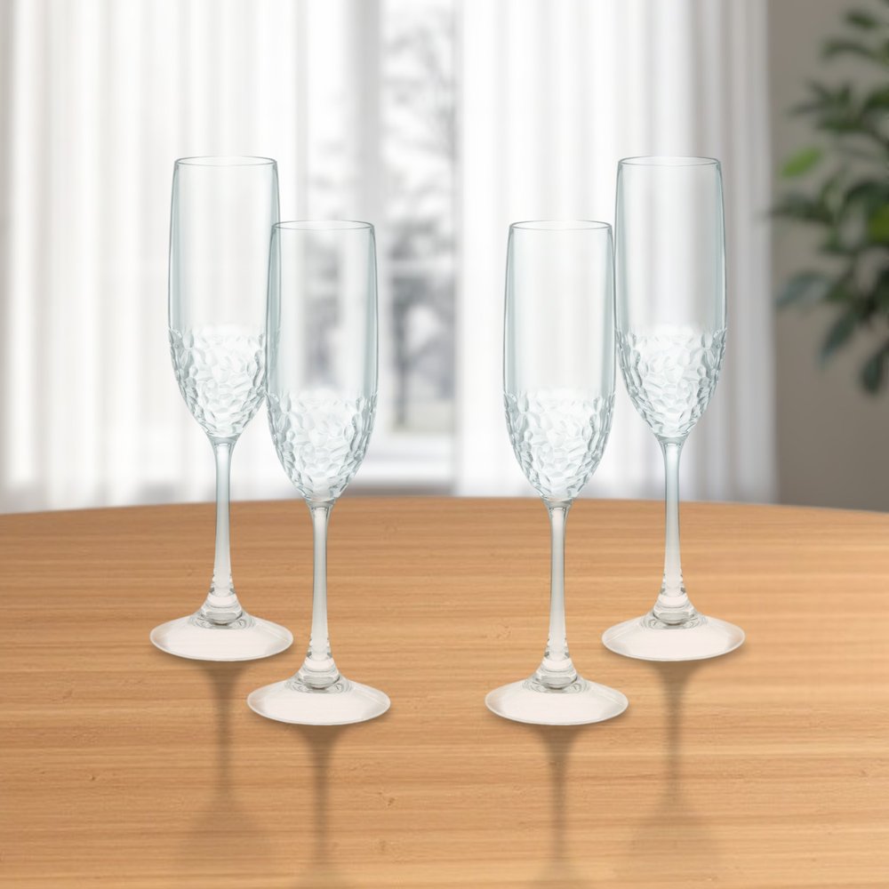 Set of Four Clear Dimpled Tritan Plastic Stemmed Flutes