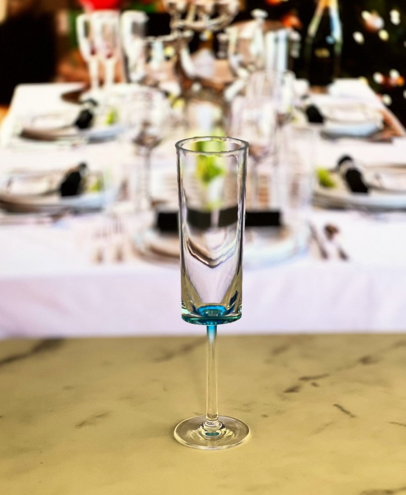 Set of Four Clear And Blue Acrylic Round Bowl Stemmed Flute