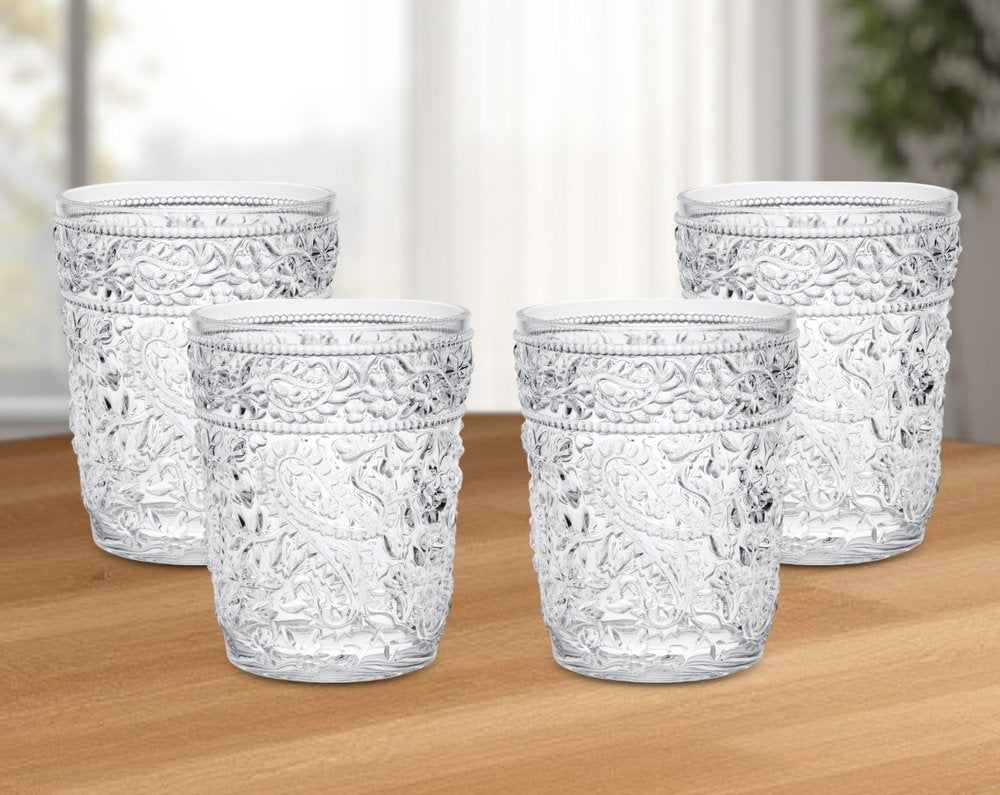 Set of Four Blue Paisley Acrylic Stemless Whiskey Glasses
