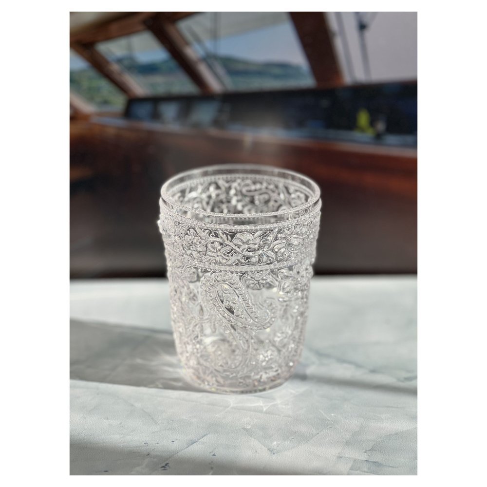 Set of Four Blue Paisley Acrylic Stemless Whiskey Glasses
