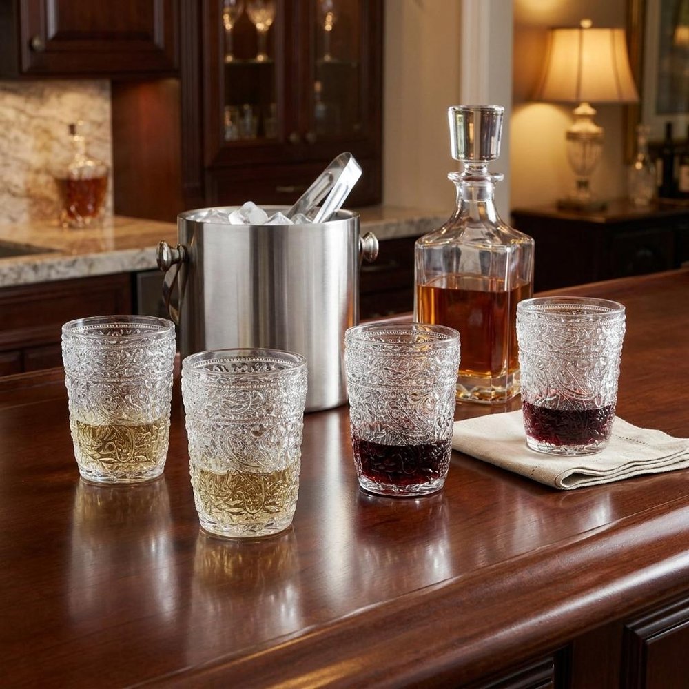 Set of Four Clear Paisley Acrylic Stemless Whiskey Glass