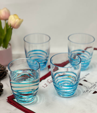 Set of Four Clear and Blue Acrylic Stemless Whiskey Glasses