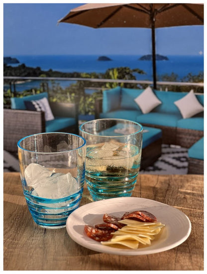 Set of Four Clear and Blue Acrylic Stemless Whiskey Glasses