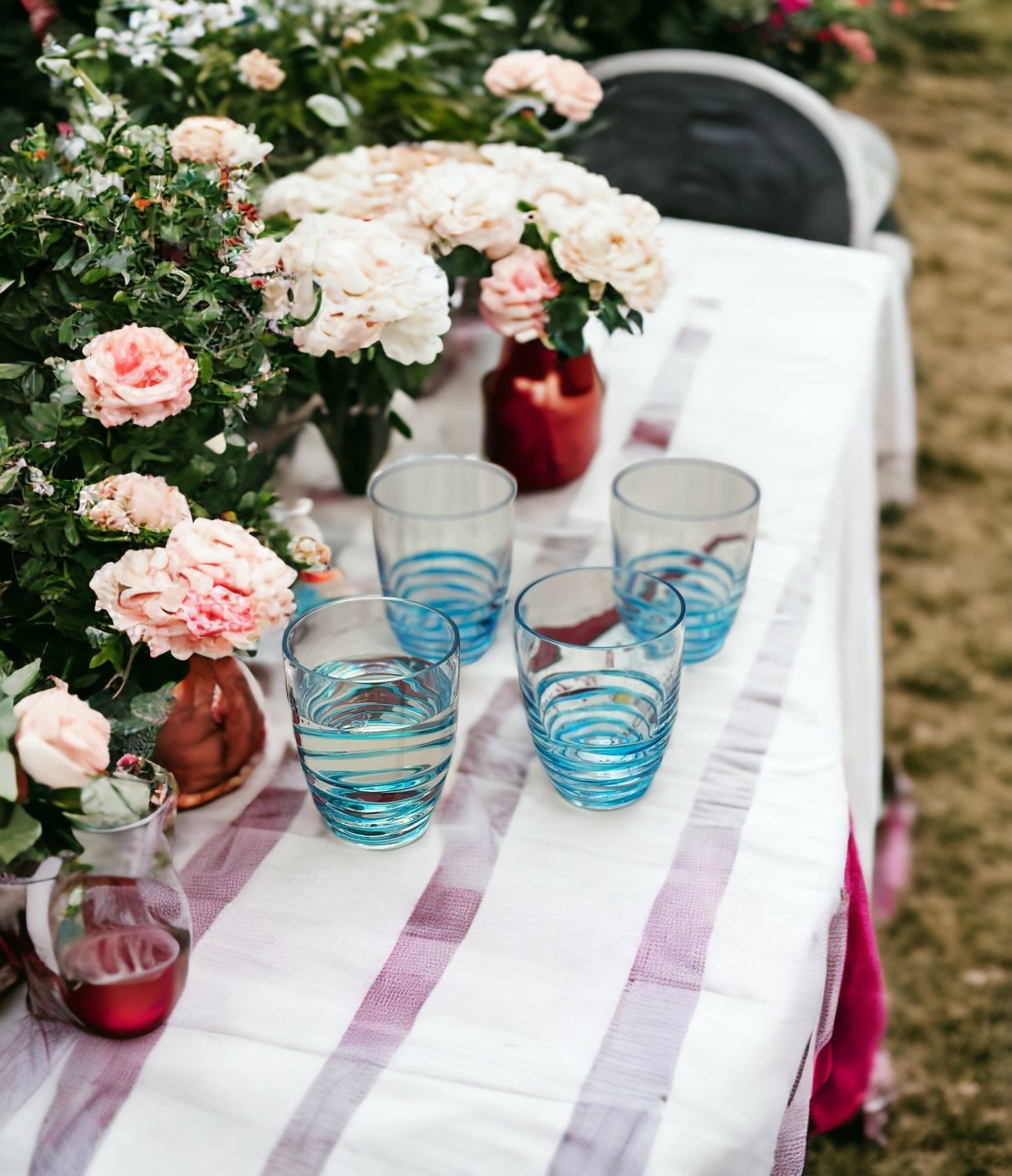 Set of Four Clear and Blue Acrylic Stemless Whiskey Glasses