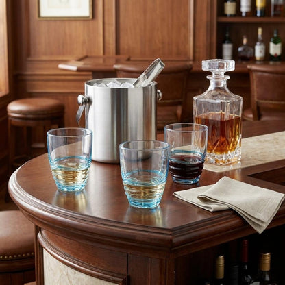 Set of Four Clear and Blue Acrylic Stemless Whiskey Glasses